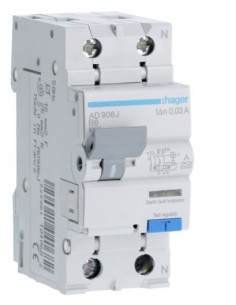 Дифавтомат HAGER 2-п AD906J B 6A 30mA 6KA