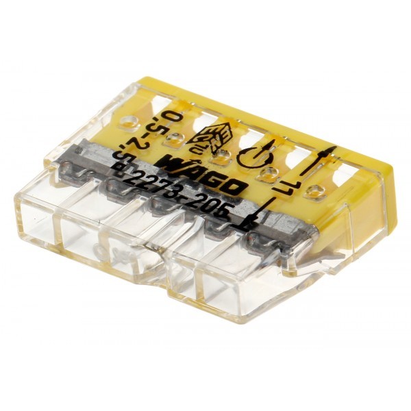 Клемма COMPACT для распад коробок 5X2,5, прозрачная/желтая, без пасти, 2273-205, WAGO(100)