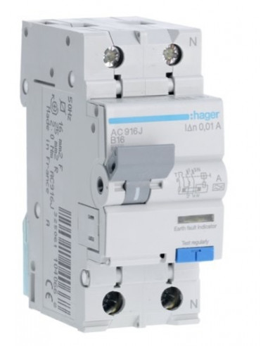 Дифавтомат HAGER 2-п AC916J B 16A 10mA 6KA
