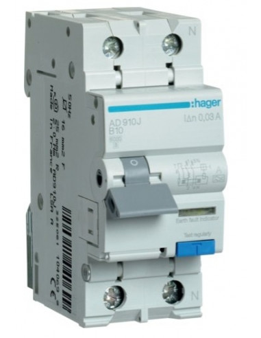 Дифавтомат HAGER 2-п AD910J B 10A 30mA 6KA
