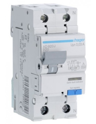 Дифавтомат HAGER 2-п AD920J B 20A 30mA 6KA
