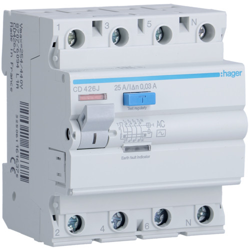 Диф. реле HAGER 4-п CD426J 25A 30mA, "AС"