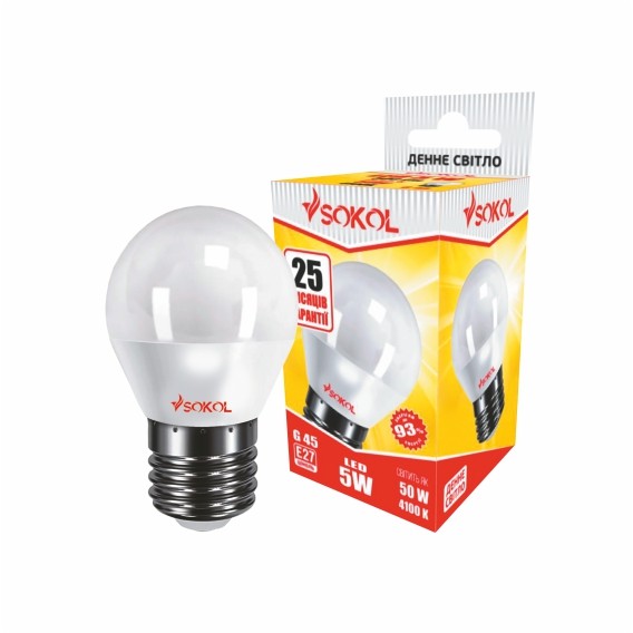 LED лампа G45 5.0W 220В E27 4100К, SOKOL