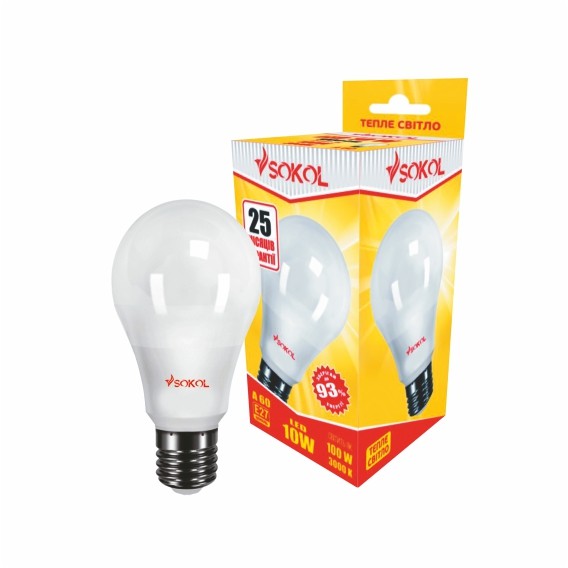 LED лампа A60 10.0W 220В E27 3000К, SOKOL