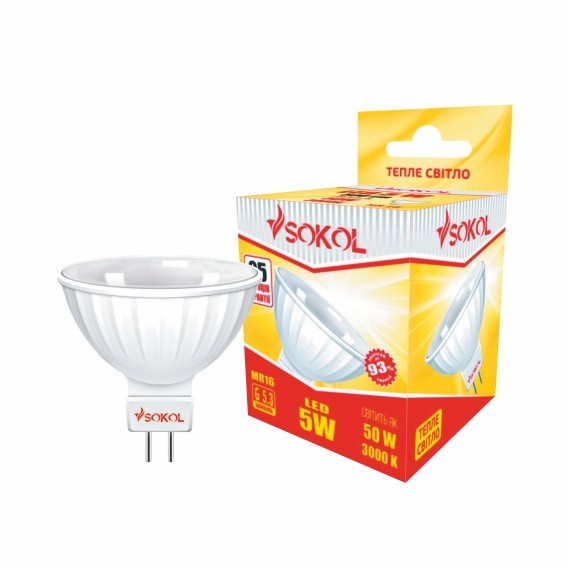 LED лампа MR16 5.0W 220В 18 SMD G5.3 3000К, SOKOL