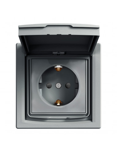 Розетка с заземлением, с крышкой и шторками, IP44, Сталь, Asfora, EPH3100362