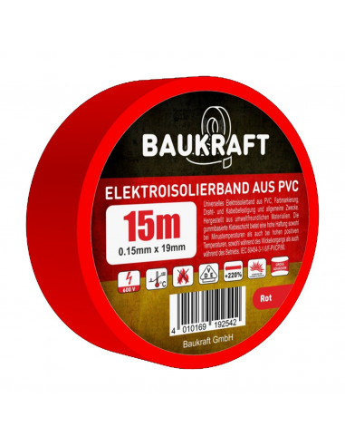 Изоляционная лента ПВХ 0,15мм*19мм*15м красная (21 шт в пакет) TM BAUKRAFT, Germany