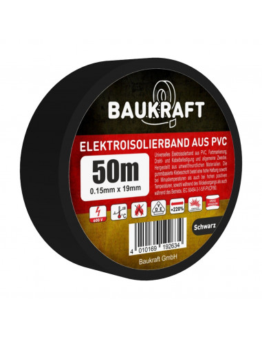 Изоляционная лента ПВХ 0,15мм*19мм*50м черная (15 шт в пакет) TM BAUKRAFT, Germany
