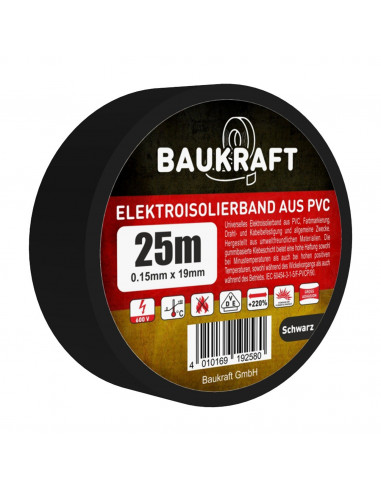 Изоляционная лента ПВХ 0,15мм*19мм*25м черная (18 шт в пакет) TM BAUKRAFT, Germany