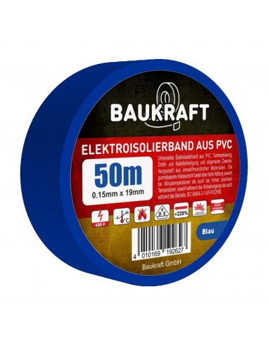 Изоляционная лента ПВХ 0,15мм*19мм*50м голубая (15 шт в пакет) TM BAUKRAFT, Germany