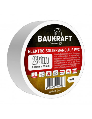 Изоляционная лента ПВХ 0,15мм*19мм*25м белая (18 шт в пакет) TM BAUKRAFT, Germany