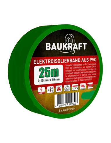 Изоляционная лента ПВХ 0,15мм*19мм*25м зеленая (18 шт в пакет) TM BAUKRAFT, Germany
